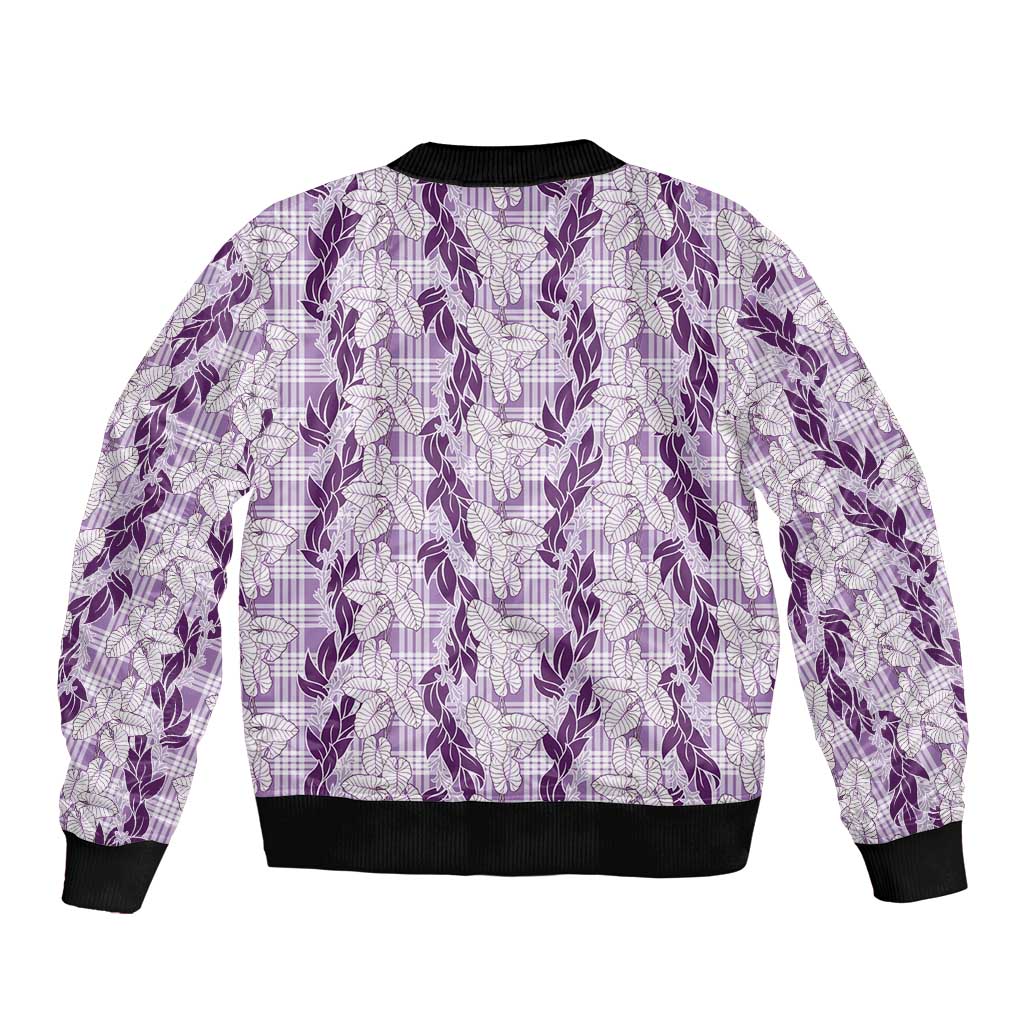 Hawaii Ti Leaf Maile Tuberose Lei Bomber Jacket With Hanalei Leaf Purple
