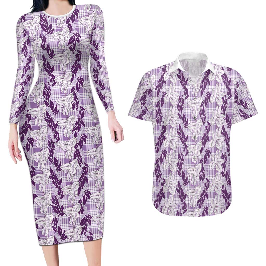 Hawaii Ti Leaf Maile Tuberose Lei Couples Matching Long Sleeve Bodycon Dress and Hawaiian Shirt With Hanalei Leaf Purple