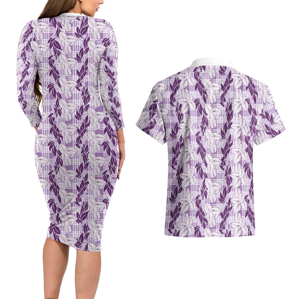 Hawaii Ti Leaf Maile Tuberose Lei Couples Matching Long Sleeve Bodycon Dress and Hawaiian Shirt With Hanalei Leaf Purple