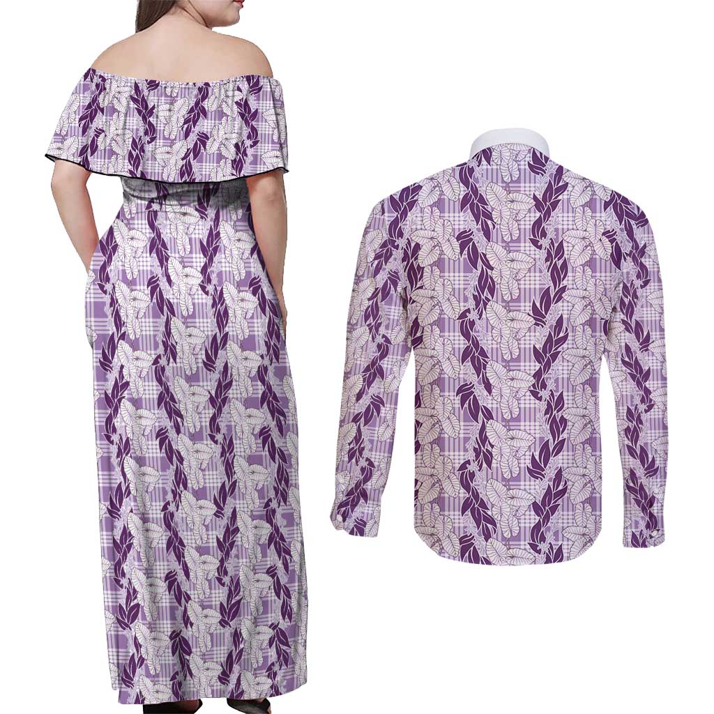 Hawaii Ti Leaf Maile Tuberose Lei Couples Matching Off Shoulder Maxi Dress and Long Sleeve Button Shirt With Hanalei Leaf Purple