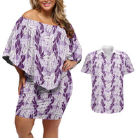 Hawaii Ti Leaf Maile Tuberose Lei Couples Matching Off Shoulder Short Dress and Hawaiian Shirt With Hanalei Leaf Purple LT05 Purple - Polynesian Pride