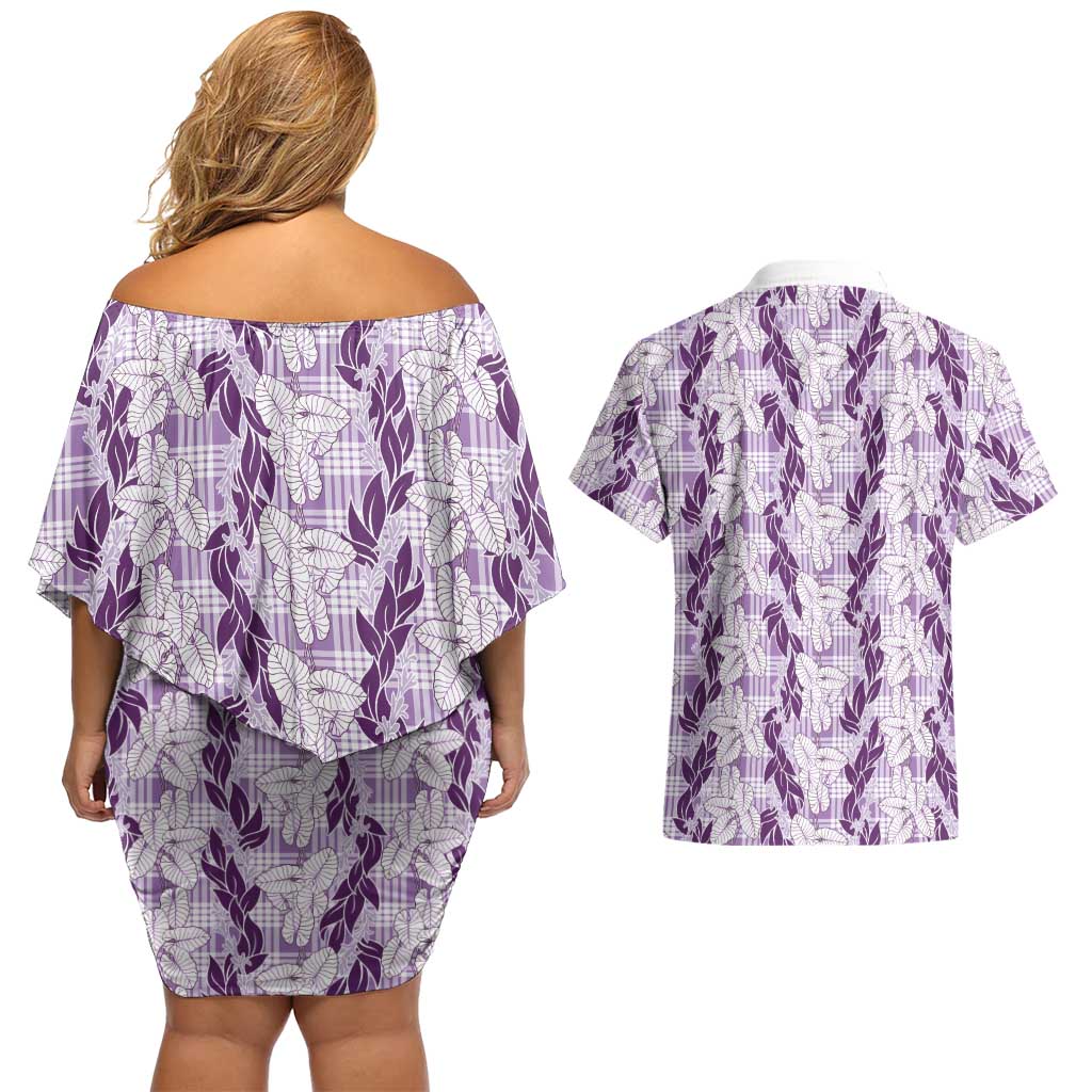 Hawaii Ti Leaf Maile Tuberose Lei Couples Matching Off Shoulder Short Dress and Hawaiian Shirt With Hanalei Leaf Purple LT05 - Polynesian Pride