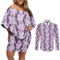 Hawaii Ti Leaf Maile Tuberose Lei Couples Matching Off Shoulder Short Dress and Long Sleeve Button Shirt With Hanalei Leaf Purple