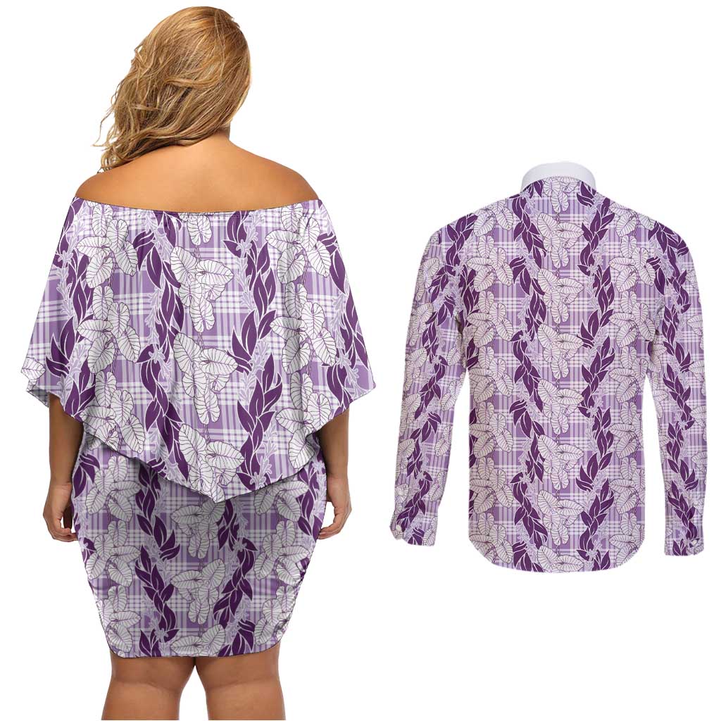 Hawaii Ti Leaf Maile Tuberose Lei Couples Matching Off Shoulder Short Dress and Long Sleeve Button Shirt With Hanalei Leaf Purple