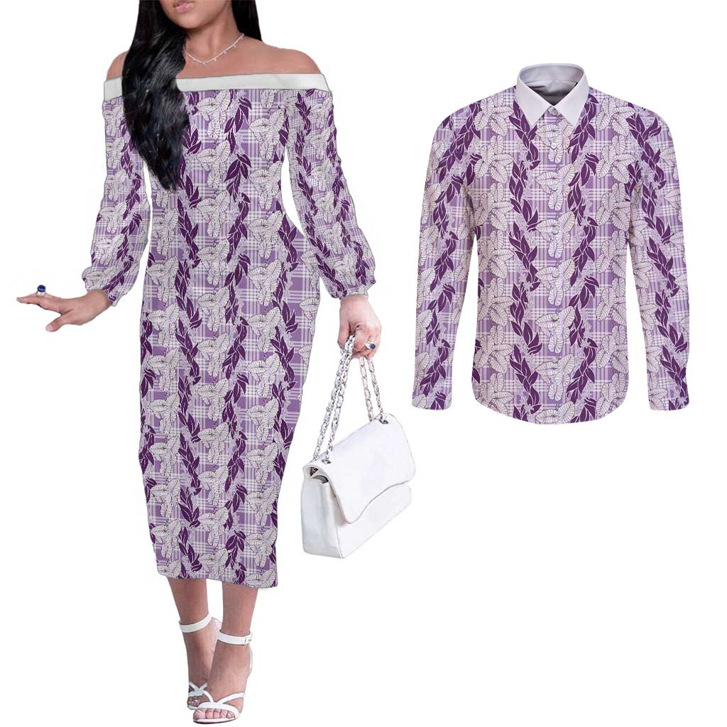 Hawaii Ti Leaf Maile Tuberose Lei Couples Matching Off The Shoulder Long Sleeve Dress and Long Sleeve Button Shirt With Hanalei Leaf Purple