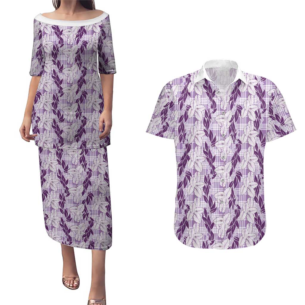Hawaii Ti Leaf Maile Tuberose Lei Couples Matching Puletasi and Hawaiian Shirt With Hanalei Leaf Purple