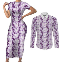 Hawaii Ti Leaf Maile Tuberose Lei Couples Matching Short Sleeve Bodycon Dress and Long Sleeve Button Shirt With Hanalei Leaf Purple