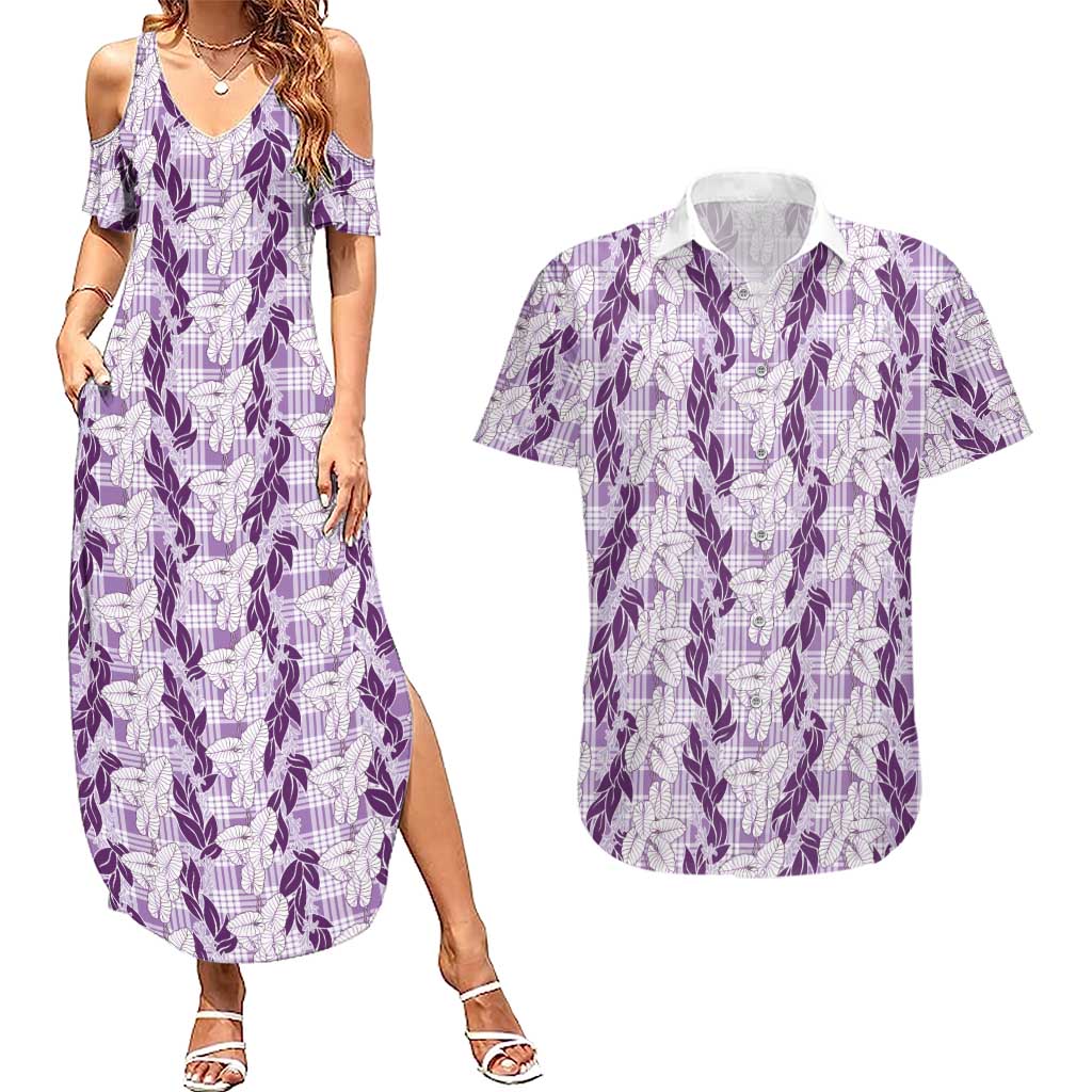Hawaii Ti Leaf Maile Tuberose Lei Couples Matching Summer Maxi Dress and Hawaiian Shirt With Hanalei Leaf Purple