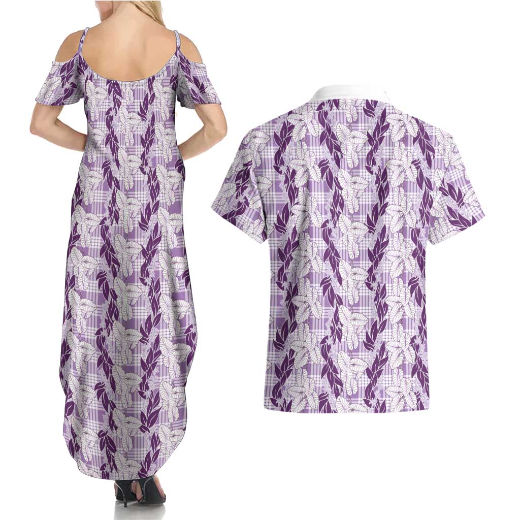 Hawaii Ti Leaf Maile Tuberose Lei Couples Matching Summer Maxi Dress and Hawaiian Shirt With Hanalei Leaf Purple