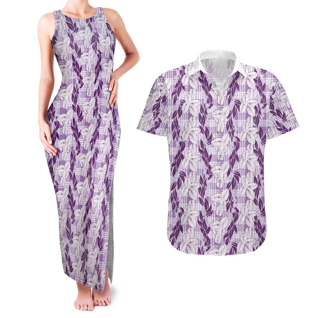 Hawaii Ti Leaf Maile Tuberose Lei Couples Matching Tank Maxi Dress and Hawaiian Shirt With Hanalei Leaf Purple