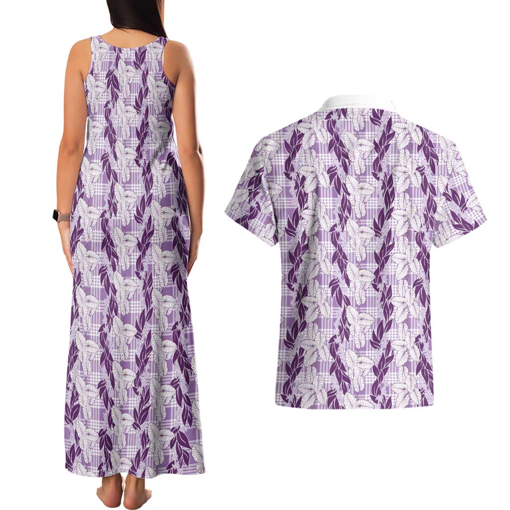 Hawaii Ti Leaf Maile Tuberose Lei Couples Matching Tank Maxi Dress and Hawaiian Shirt With Hanalei Leaf Purple