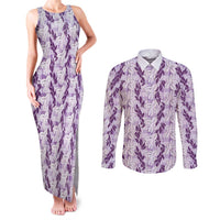 Hawaii Ti Leaf Maile Tuberose Lei Couples Matching Tank Maxi Dress and Long Sleeve Button Shirt With Hanalei Leaf Purple