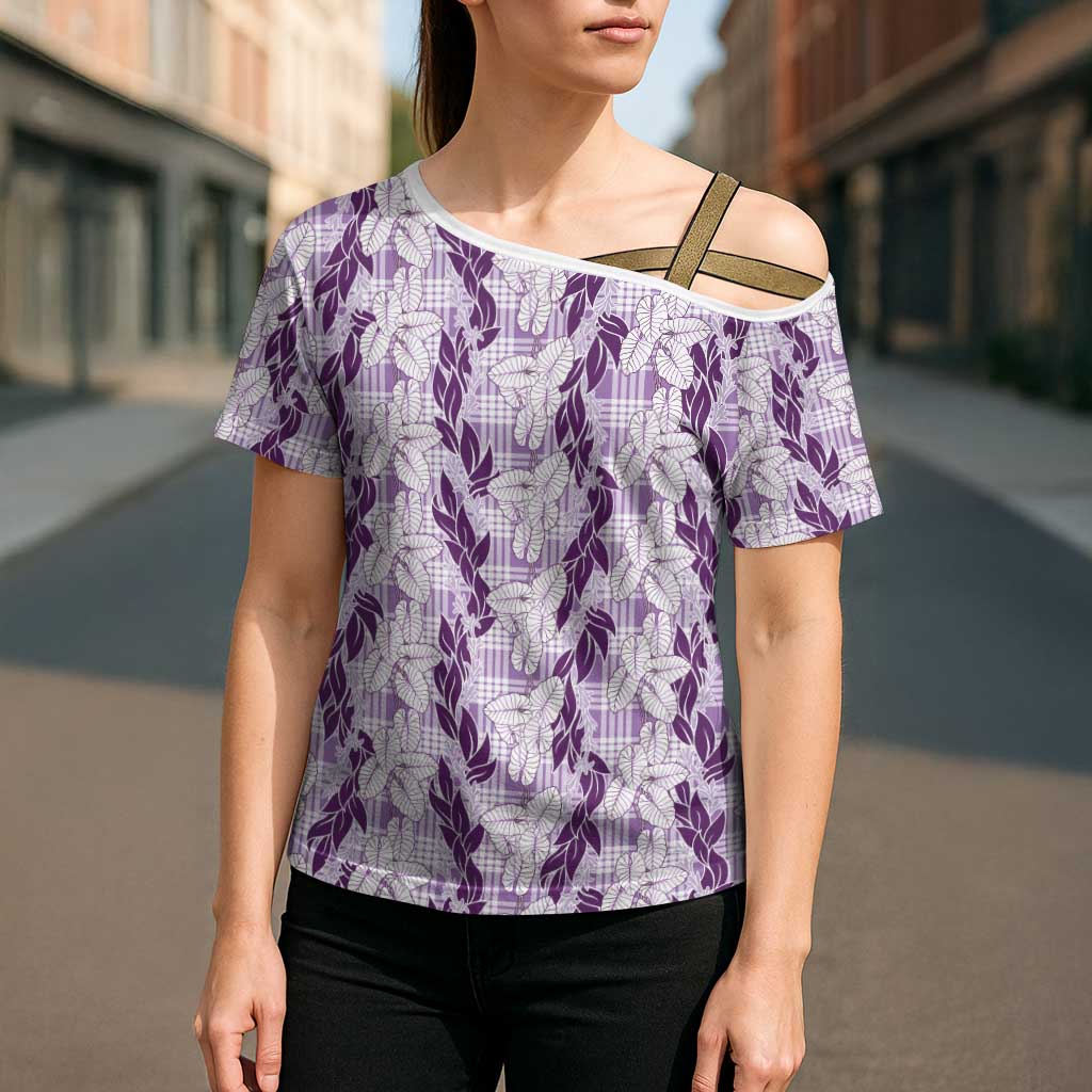 Hawaii Ti Leaf Maile Tuberose Lei Cross Shoulder Shirt With Hanalei Leaf Purple