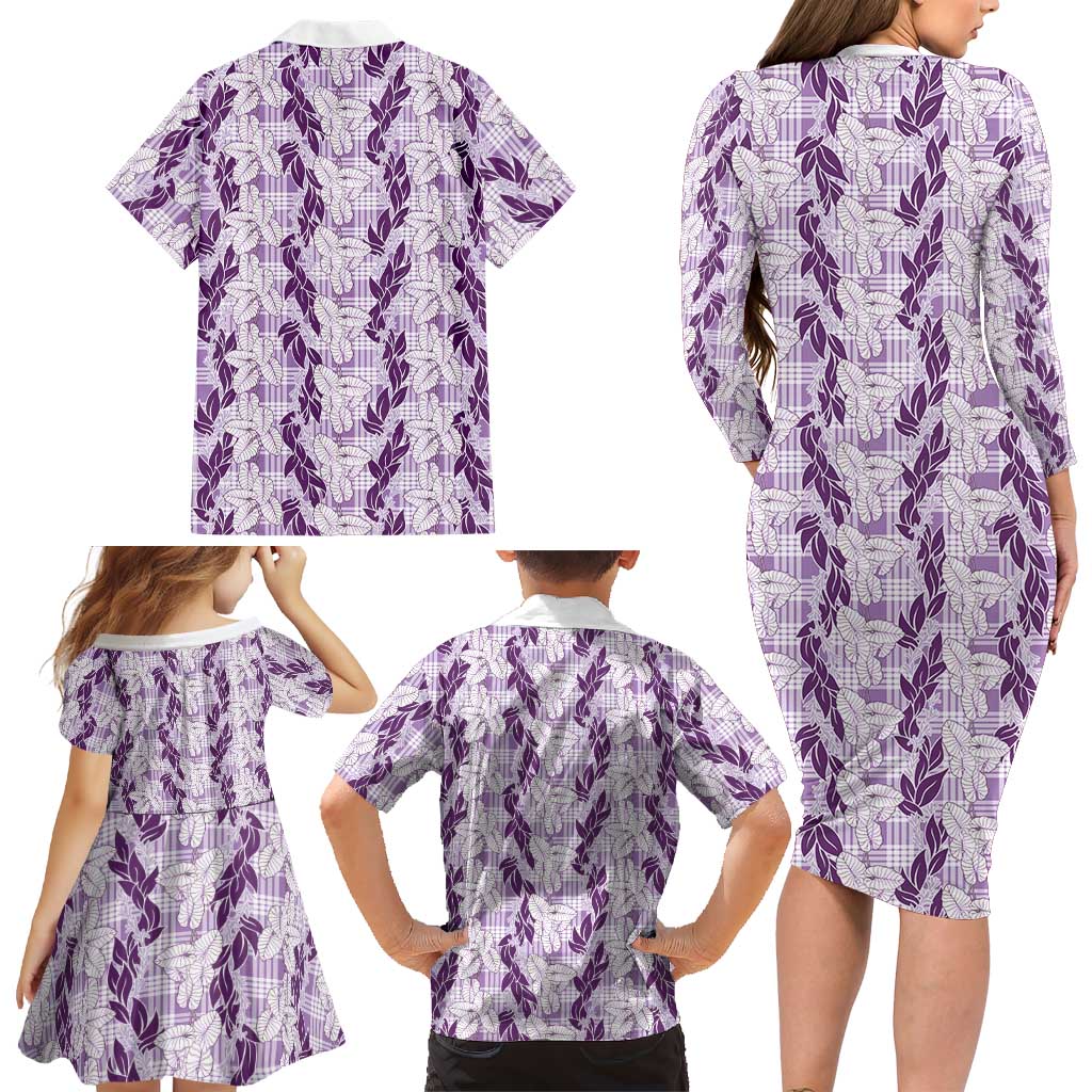 Hawaii Ti Leaf Maile Tuberose Lei Family Matching Long Sleeve Bodycon Dress and Hawaiian Shirt With Hanalei Leaf Purple LT05 - Polynesian Pride