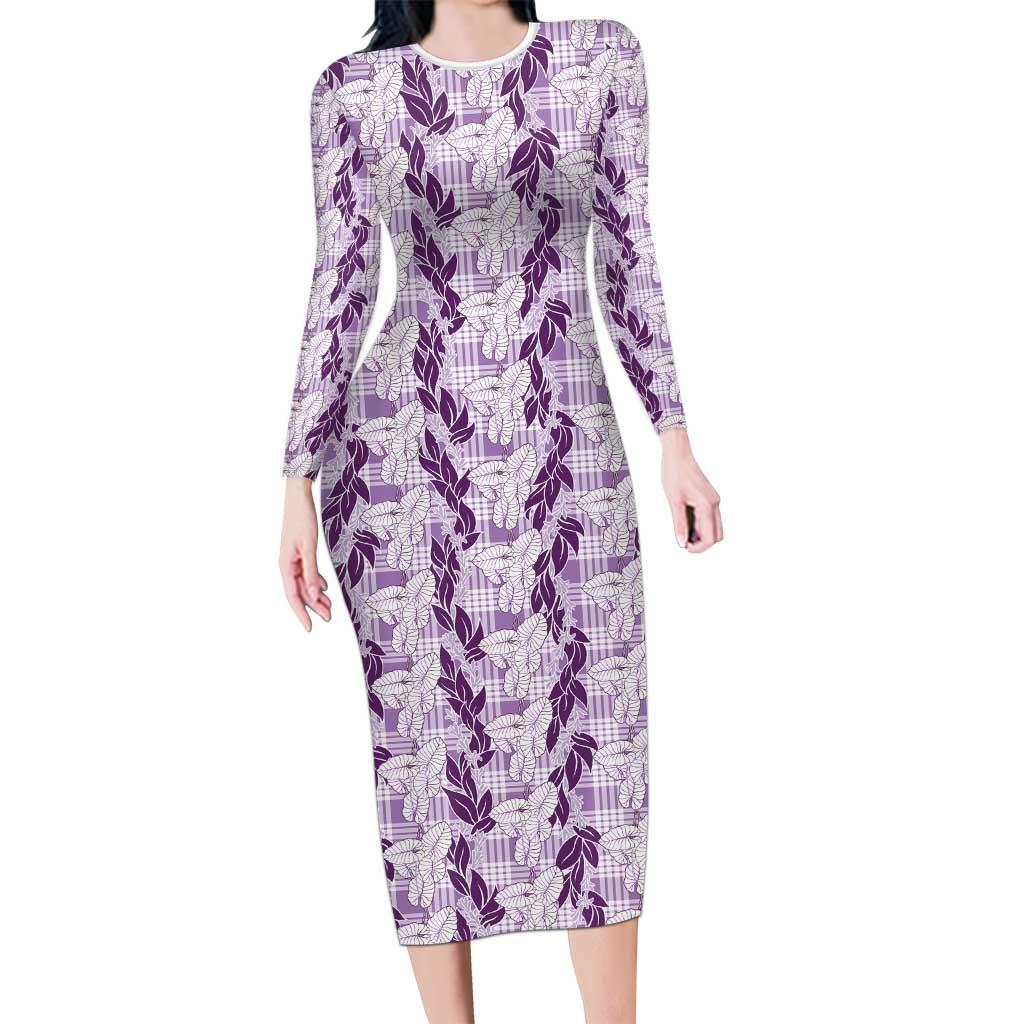 Hawaii Ti Leaf Maile Tuberose Lei Family Matching Long Sleeve Bodycon Dress and Hawaiian Shirt With Hanalei Leaf Purple LT05 Mom's Dress Purple - Polynesian Pride