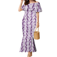Hawaii Ti Leaf Maile Tuberose Lei Family Matching Mermaid Dress and Hawaiian Shirt With Hanalei Leaf Purple LT05 Mom's Dress Purple - Polynesian Pride