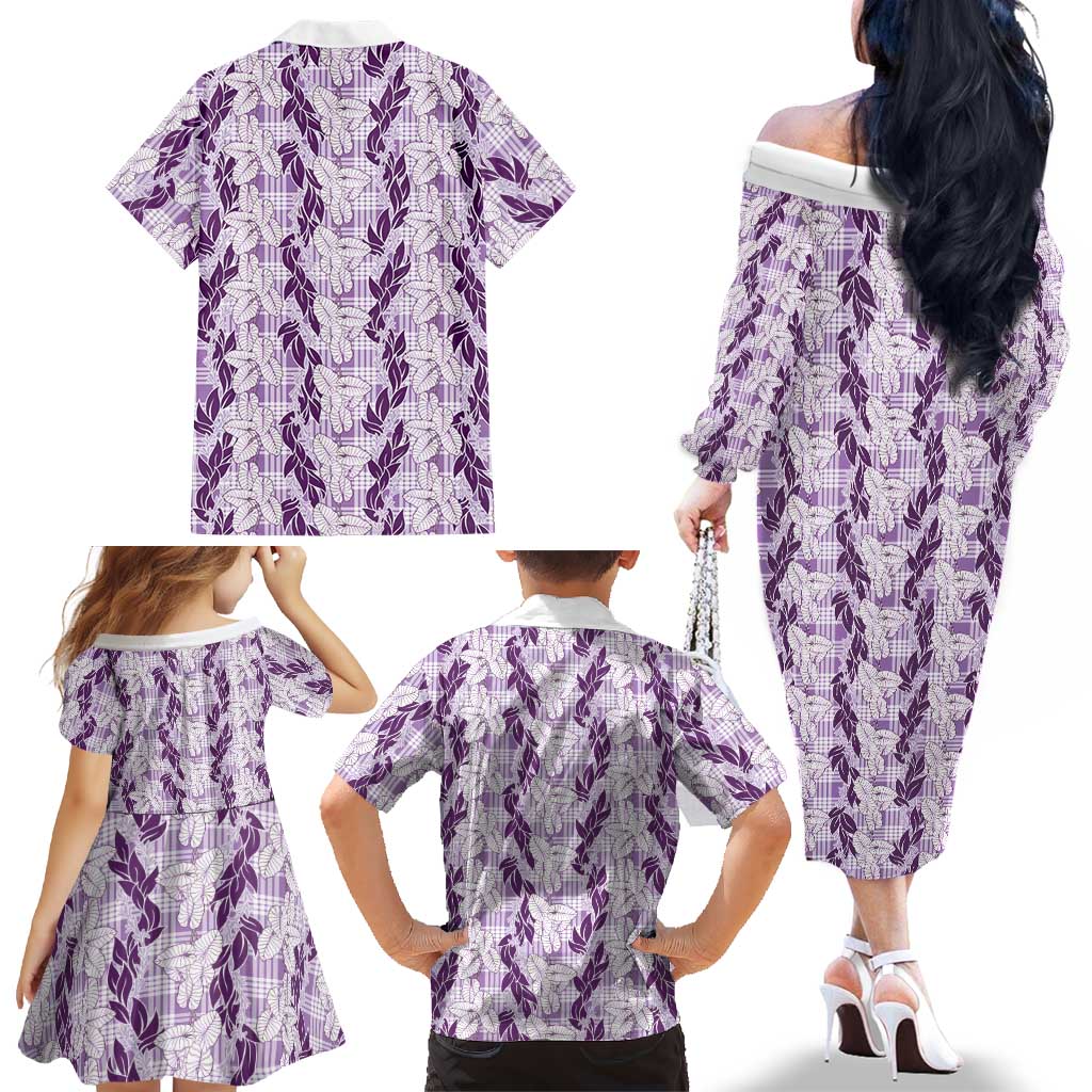 Hawaii Ti Leaf Maile Tuberose Lei Family Matching Off The Shoulder Long Sleeve Dress and Hawaiian Shirt With Hanalei Leaf Purple LT05 - Polynesian Pride