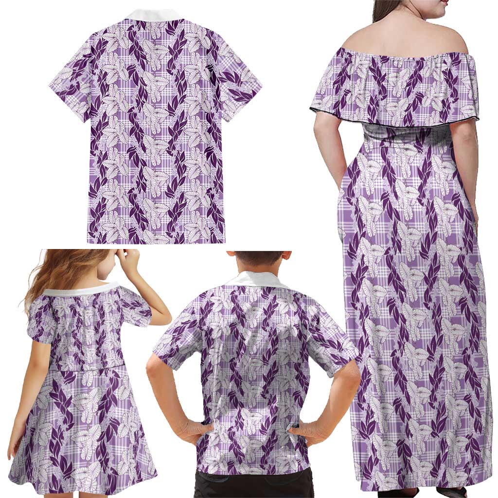 Hawaii Ti Leaf Maile Tuberose Lei Family Matching Off Shoulder Maxi Dress and Hawaiian Shirt With Hanalei Leaf Purple LT05 - Polynesian Pride