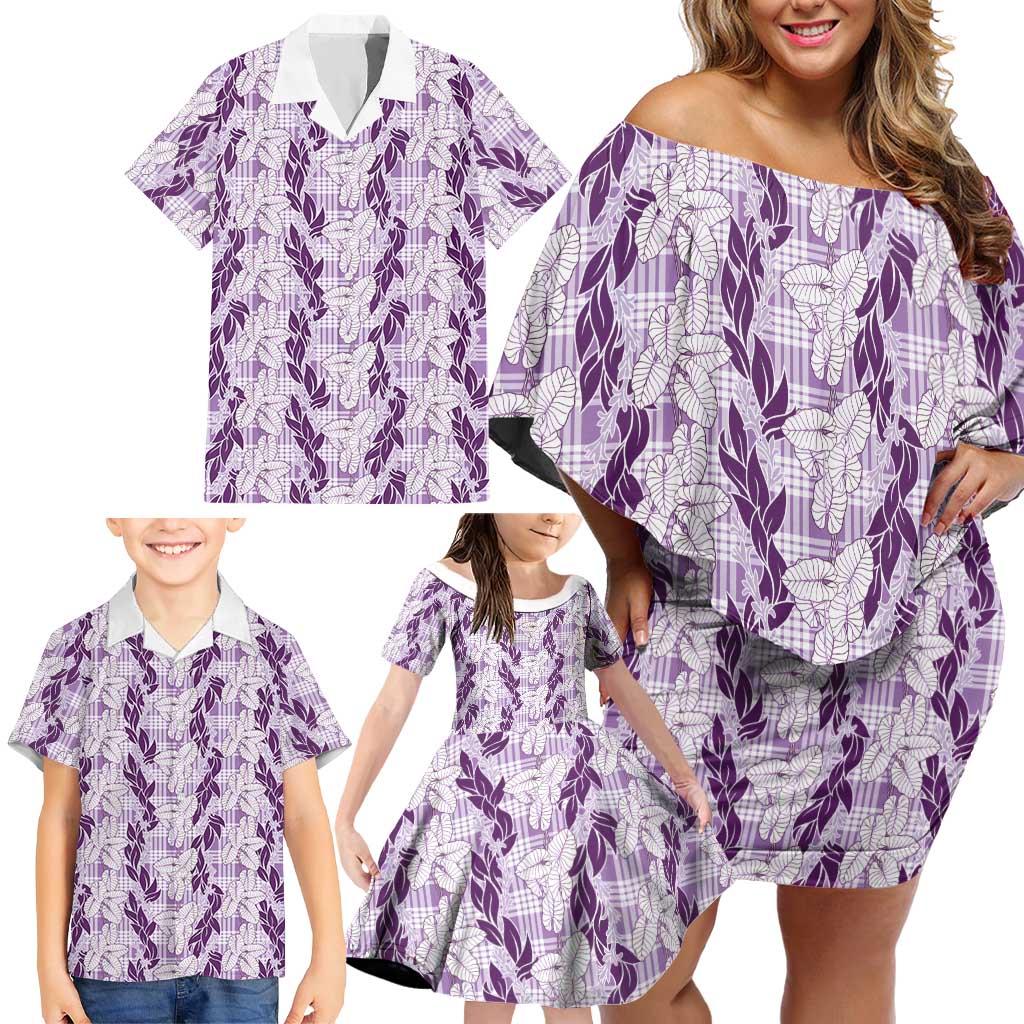 Hawaii Ti Leaf Maile Tuberose Lei Family Matching Off Shoulder Short Dress and Hawaiian Shirt With Hanalei Leaf Purple LT05 - Polynesian Pride