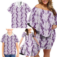 Hawaii Ti Leaf Maile Tuberose Lei Family Matching Off Shoulder Short Dress and Hawaiian Shirt With Hanalei Leaf Purple LT05 - Polynesian Pride