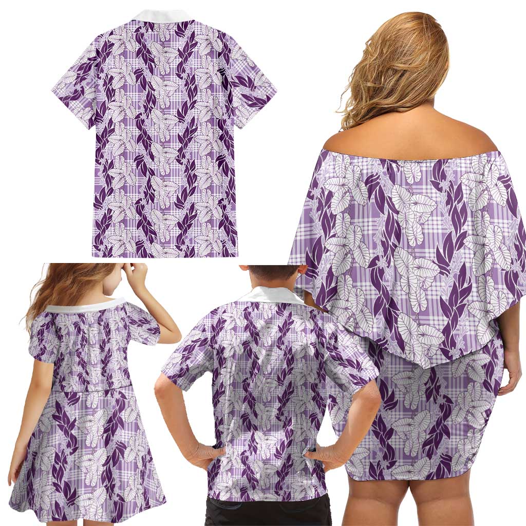 Hawaii Ti Leaf Maile Tuberose Lei Family Matching Off Shoulder Short Dress and Hawaiian Shirt With Hanalei Leaf Purple LT05 - Polynesian Pride