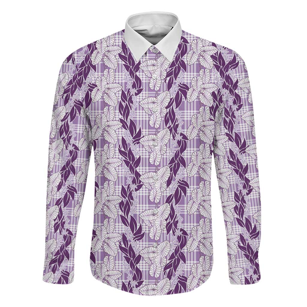 Hawaii Ti Leaf Maile Tuberose Lei Family Matching Puletasi and Hawaiian Shirt With Hanalei Leaf Purple