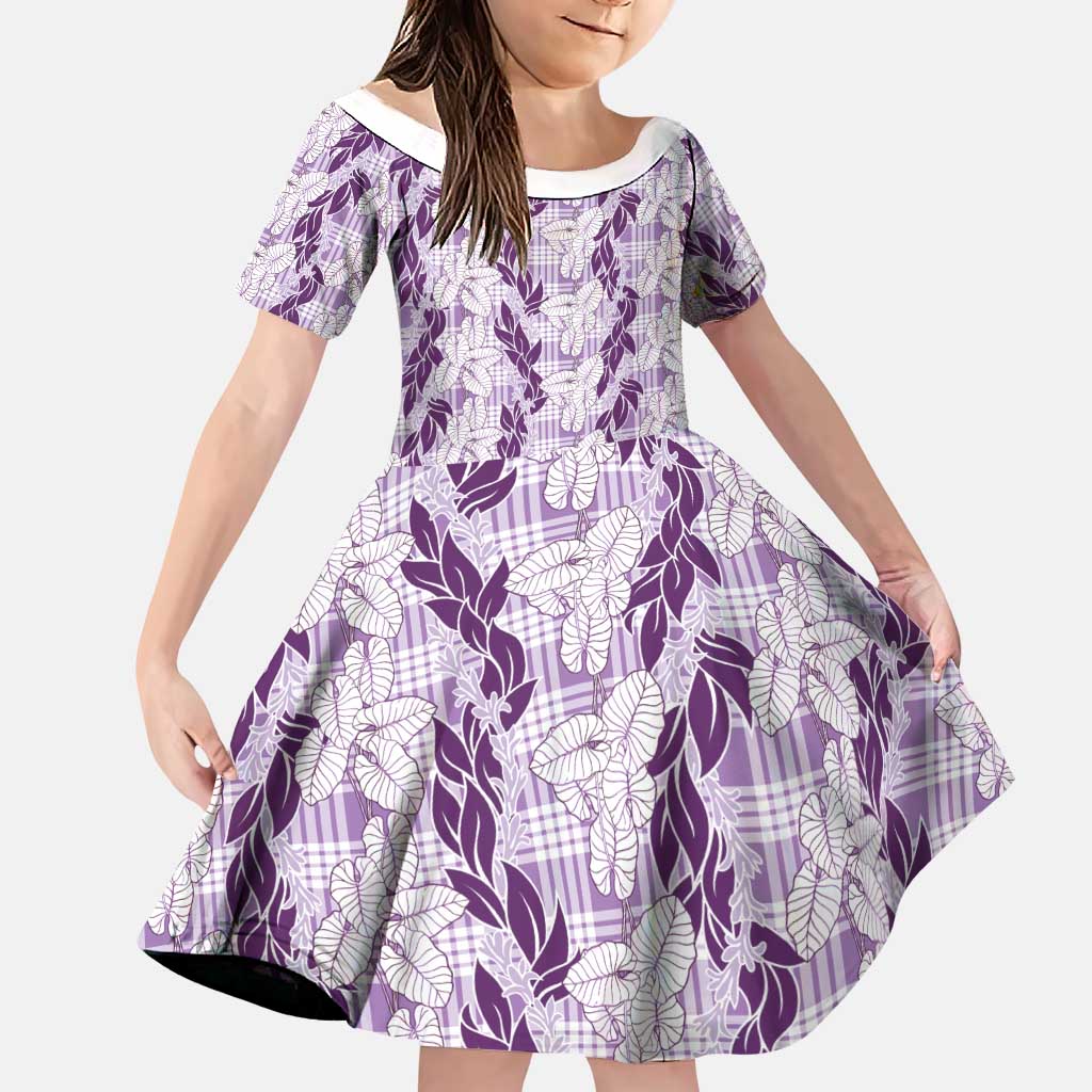 Hawaii Ti Leaf Maile Tuberose Lei Family Matching Short Sleeve Bodycon Dress and Hawaiian Shirt With Hanalei Leaf Purple LT05 Daughter's Dress Purple - Polynesian Pride
