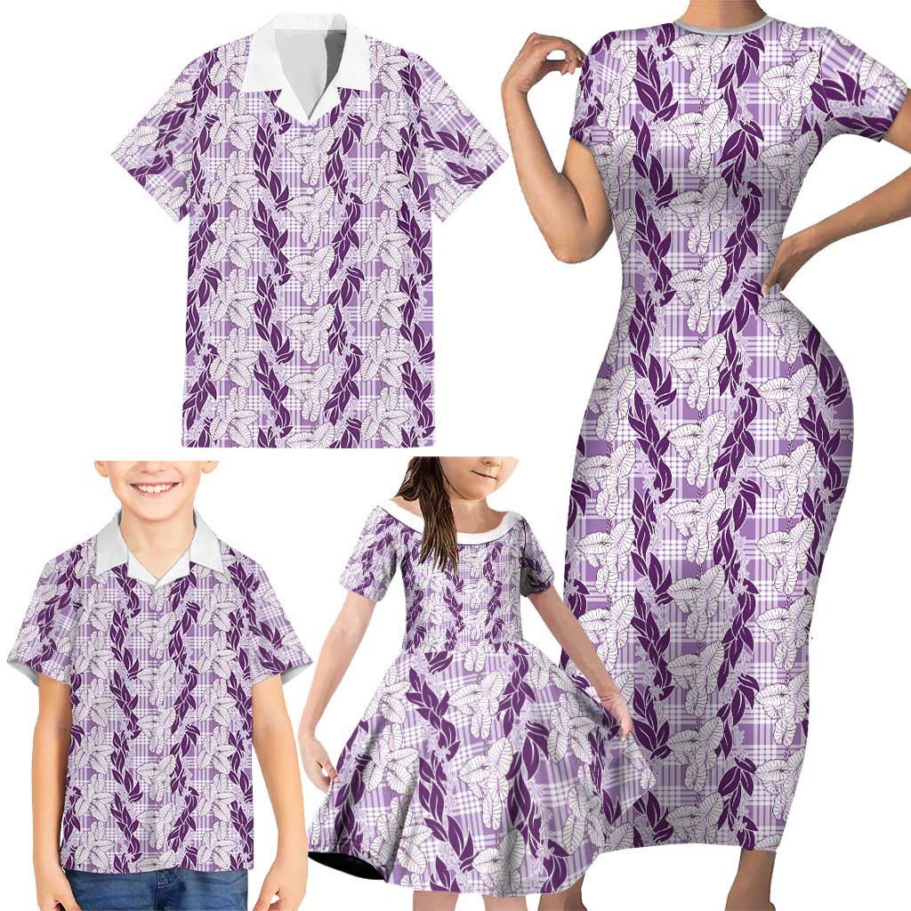 Hawaii Ti Leaf Maile Tuberose Lei Family Matching Short Sleeve Bodycon Dress and Hawaiian Shirt With Hanalei Leaf Purple LT05 - Polynesian Pride