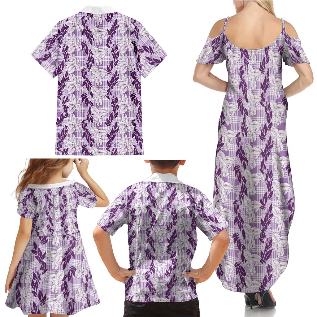 Hawaii Ti Leaf Maile Tuberose Lei Family Matching Summer Maxi Dress and Hawaiian Shirt With Hanalei Leaf Purple LT05 - Polynesian Pride