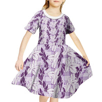 Hawaii Ti Leaf Maile Tuberose Lei Kid Short Sleeve Dress With Hanalei Leaf Purple