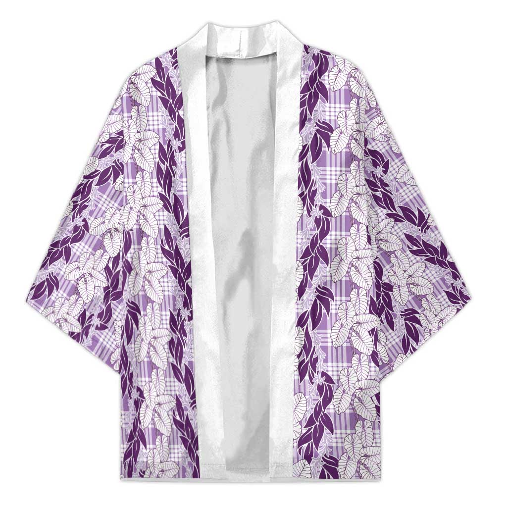 Hawaii Ti Leaf Maile Tuberose Lei Kimono With Hanalei Leaf Purple