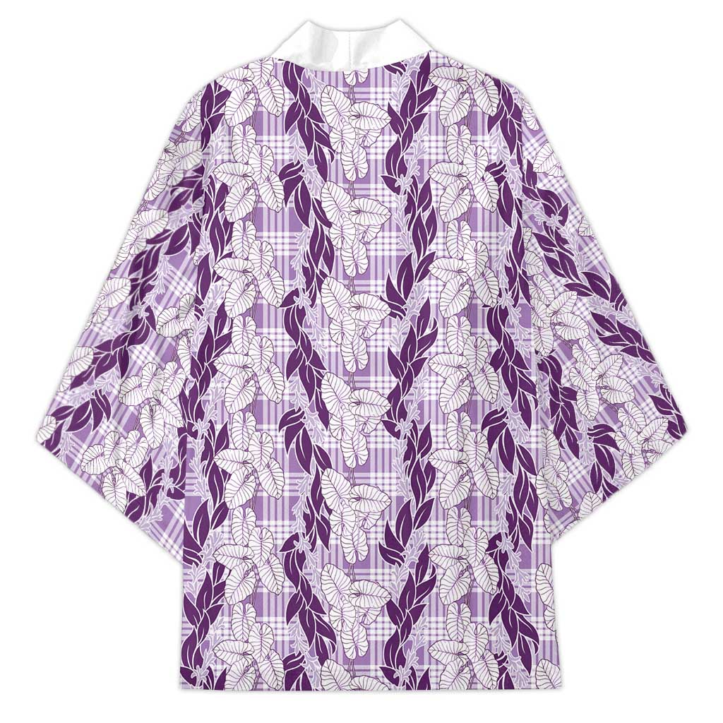 Hawaii Ti Leaf Maile Tuberose Lei Kimono With Hanalei Leaf Purple