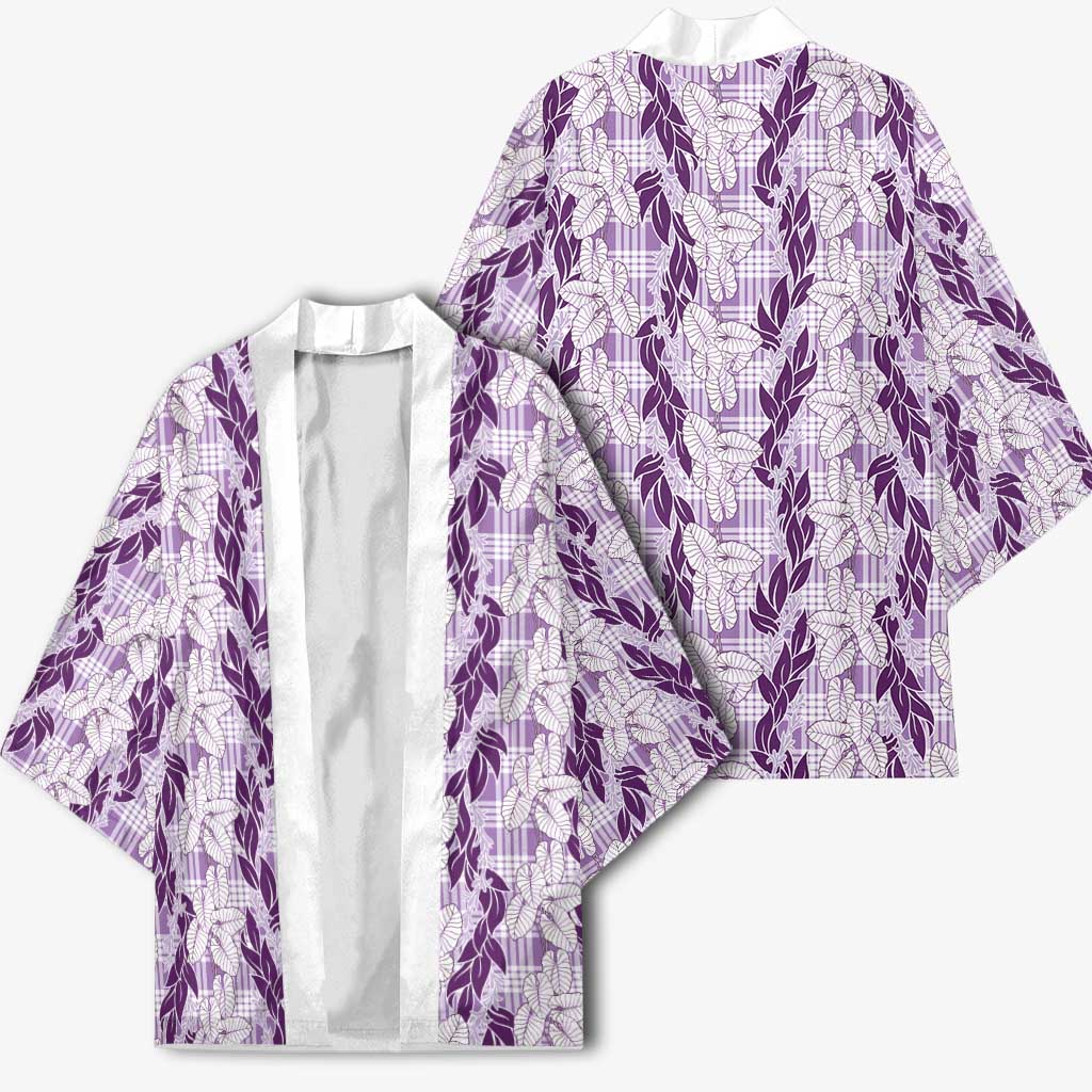 Hawaii Ti Leaf Maile Tuberose Lei Kimono With Hanalei Leaf Purple