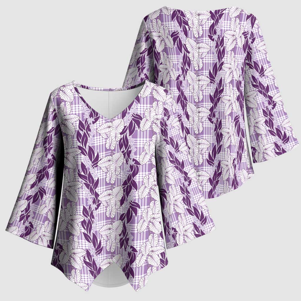 Hawaii Ti Leaf Maile Tuberose Lei Kimono Sleeve Blouse With Hanalei Leaf Purple
