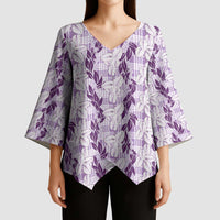 Hawaii Ti Leaf Maile Tuberose Lei Kimono Sleeve Blouse With Hanalei Leaf Purple