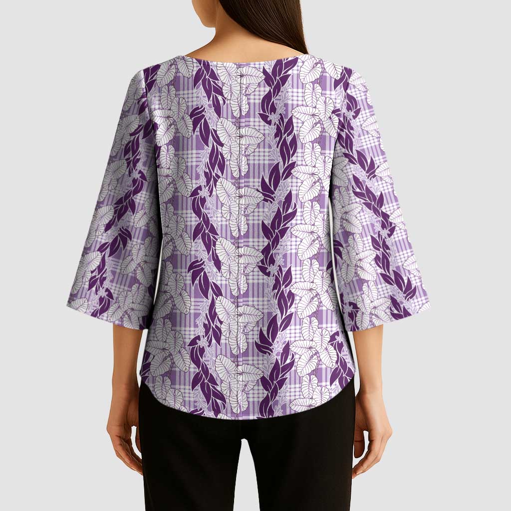 Hawaii Ti Leaf Maile Tuberose Lei Kimono Sleeve Blouse With Hanalei Leaf Purple
