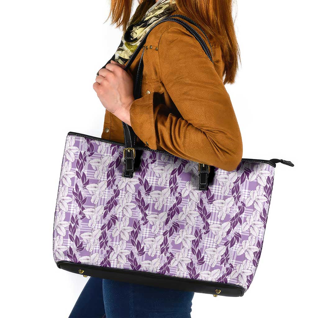 Hawaii Ti Leaf Maile Tuberose Lei Leather Tote Bag With Hanalei Leaf Purple
