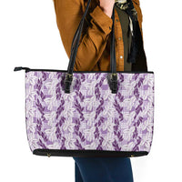 Hawaii Ti Leaf Maile Tuberose Lei Leather Tote Bag With Hanalei Leaf Purple