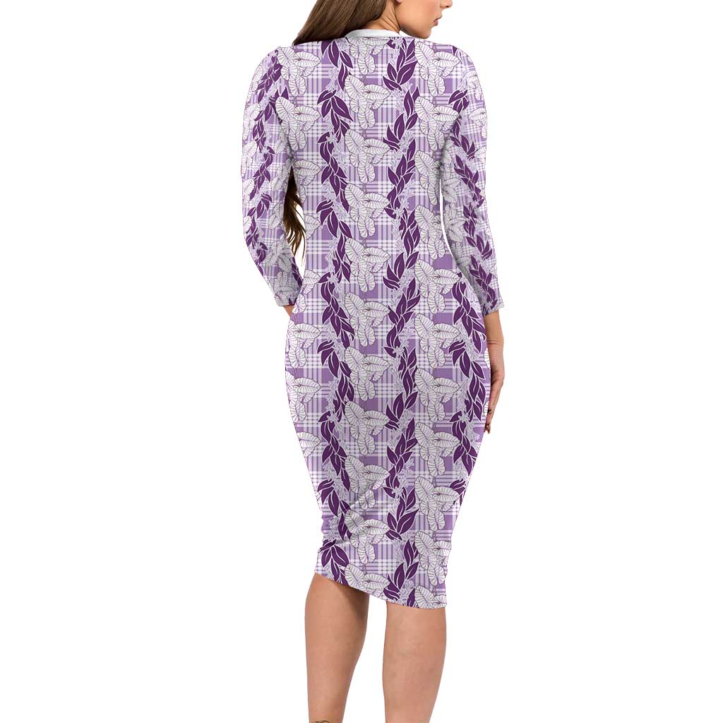 Hawaii Ti Leaf Maile Tuberose Lei Long Sleeve Bodycon Dress With Hanalei Leaf Purple