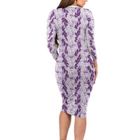 Hawaii Ti Leaf Maile Tuberose Lei Long Sleeve Bodycon Dress With Hanalei Leaf Purple