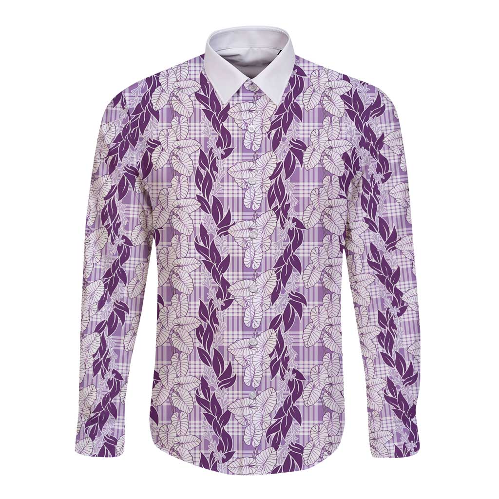 Hawaii Ti Leaf Maile Tuberose Lei Long Sleeve Button Shirt With Hanalei Leaf Purple