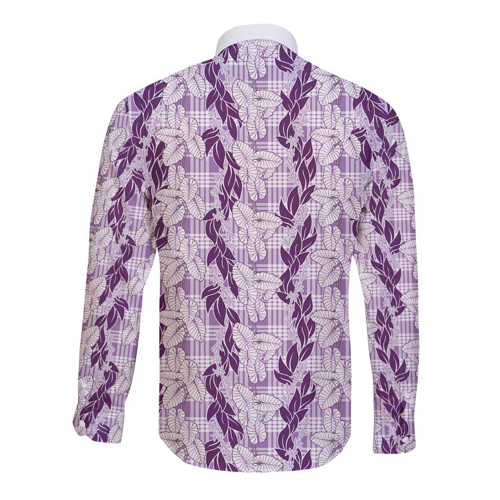 Hawaii Ti Leaf Maile Tuberose Lei Long Sleeve Button Shirt With Hanalei Leaf Purple