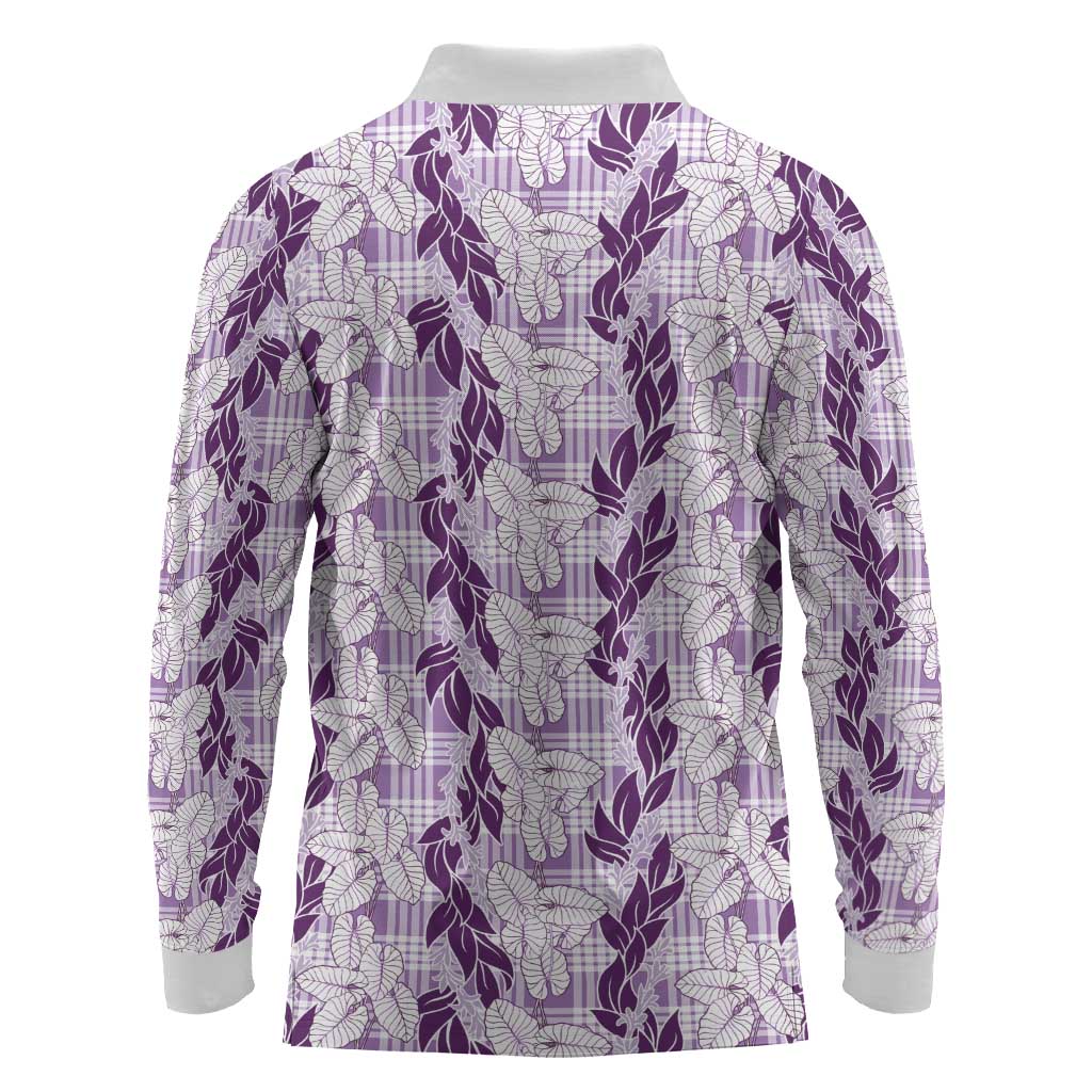 Hawaii Ti Leaf Maile Tuberose Lei Long Sleeve Polo Shirt With Hanalei Leaf Purple