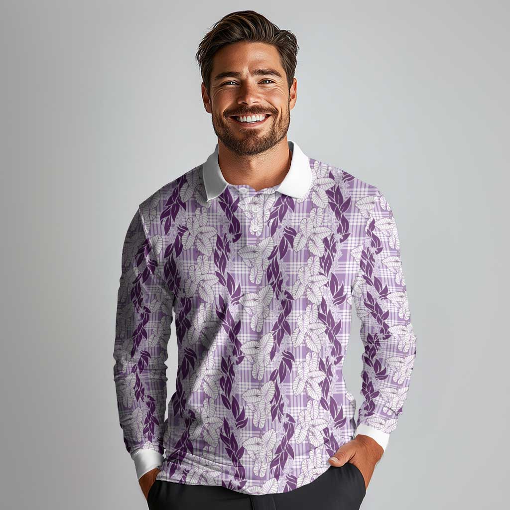 Hawaii Ti Leaf Maile Tuberose Lei Long Sleeve Polo Shirt With Hanalei Leaf Purple