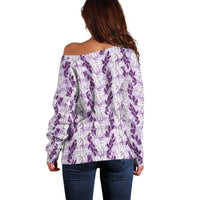 Hawaii Ti Leaf Maile Tuberose Lei Off Shoulder Sweater With Hanalei Leaf Purple