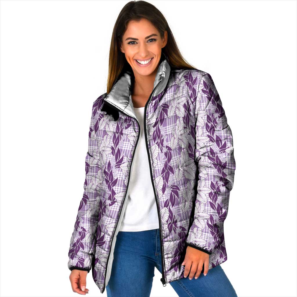 Hawaii Ti Leaf Maile Tuberose Lei Padded Jacket With Hanalei Leaf Purple