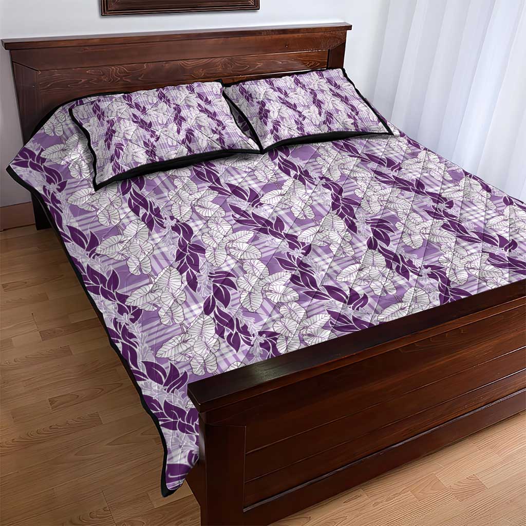 Hawaii Ti Leaf Maile Tuberose Lei Quilt Bed Set With Hanalei Leaf Purple