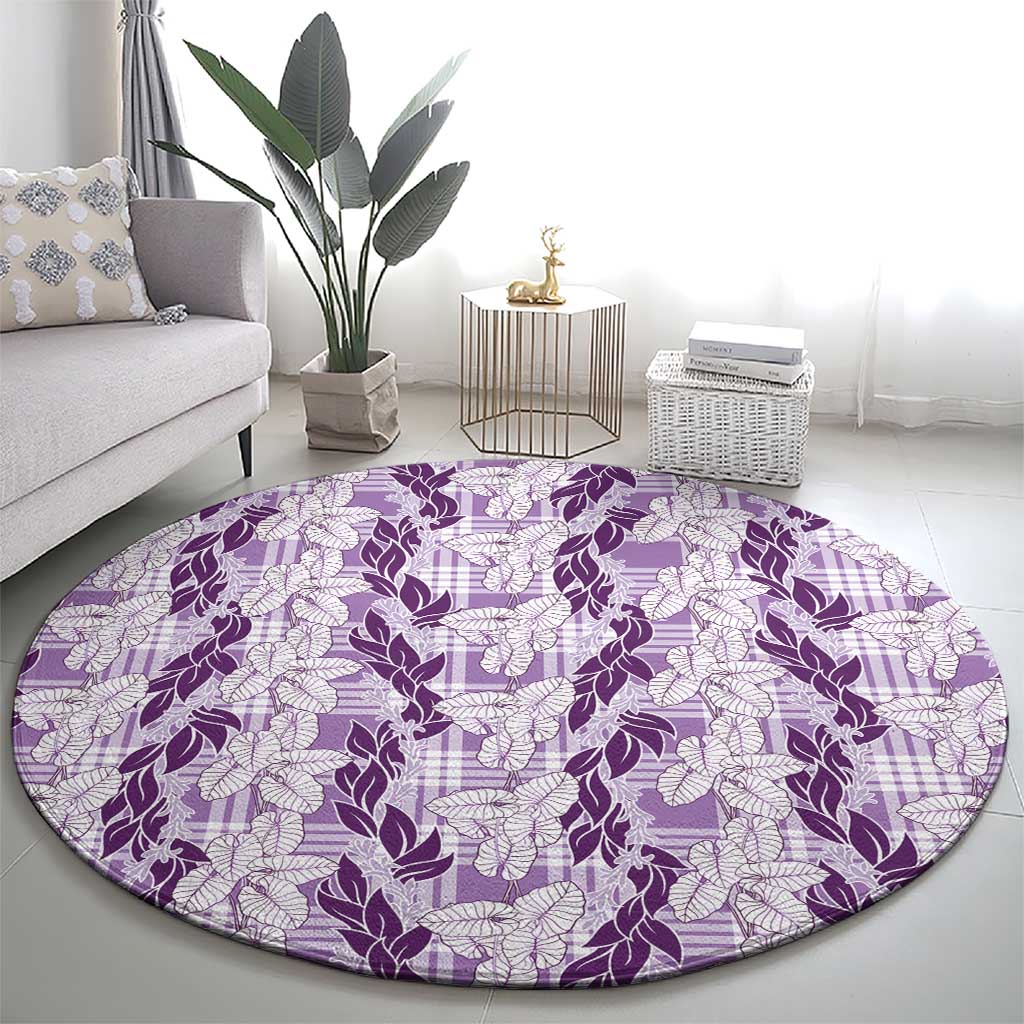 Hawaii Ti Leaf Maile Tuberose Lei Round Carpet With Hanalei Leaf Purple