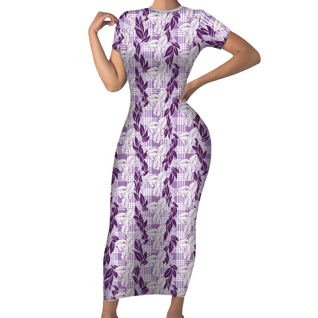 Hawaii Ti Leaf Maile Tuberose Lei Short Sleeve Bodycon Dress With Hanalei Leaf Purple