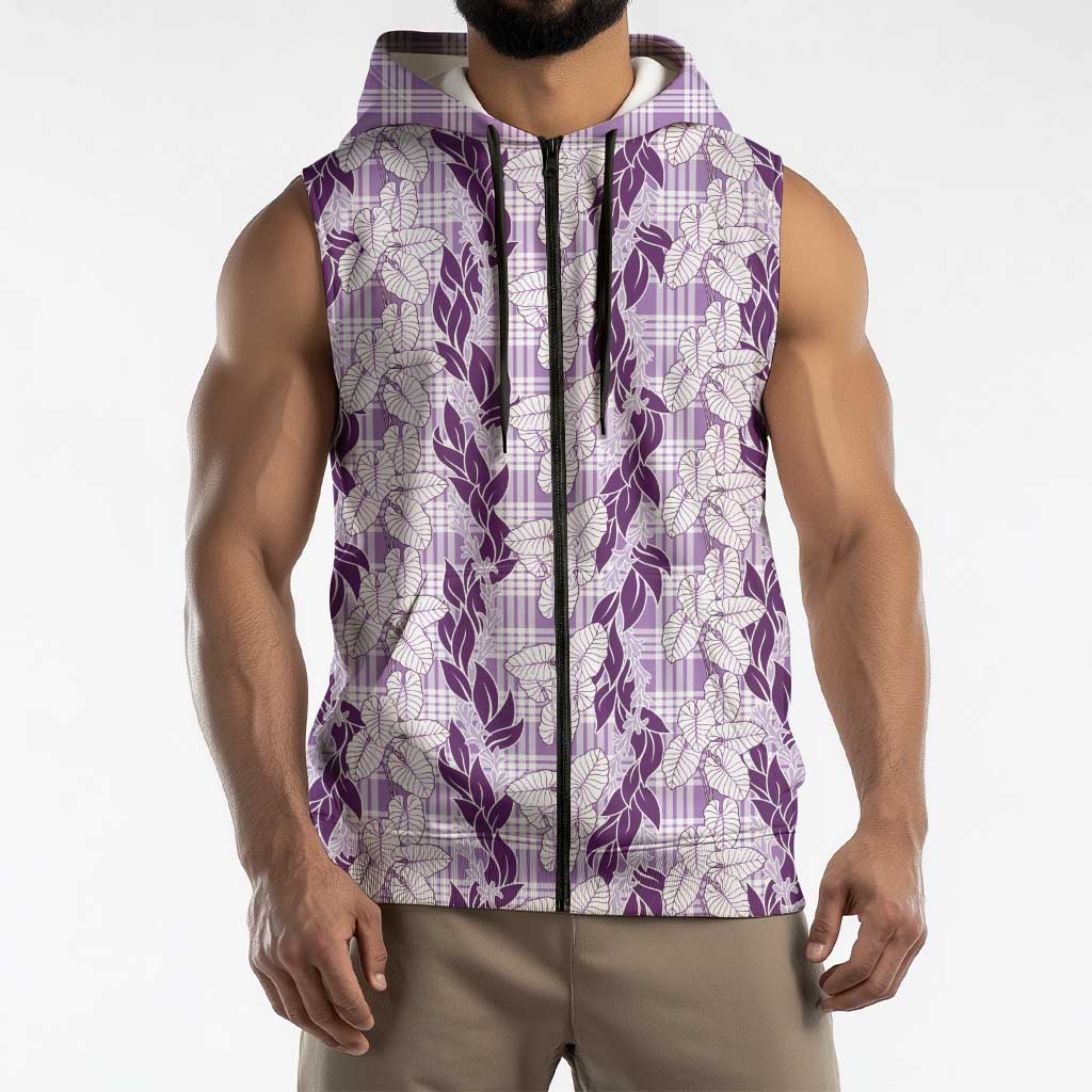 Hawaii Ti Leaf Maile Tuberose Lei Sleeveless Zip Hoodie With Hanalei Leaf Purple